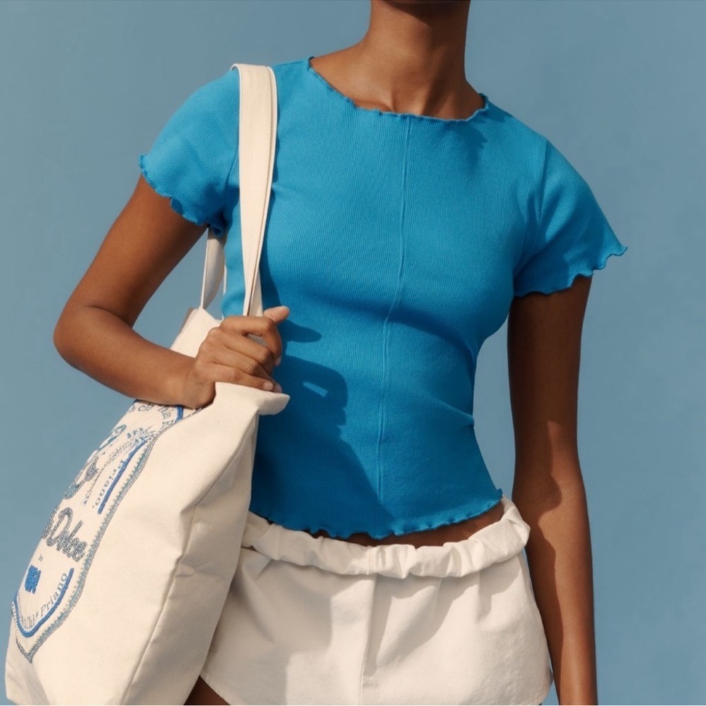 Pilcro x Anthropologie bright Blue ruffle trim ribbed baby tee size XS